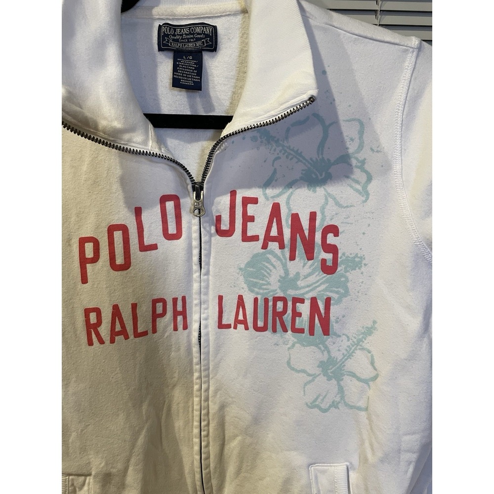 Ralph Lauren Women's Large Polo Jeans Company Hoodie White W/ Floral Blue